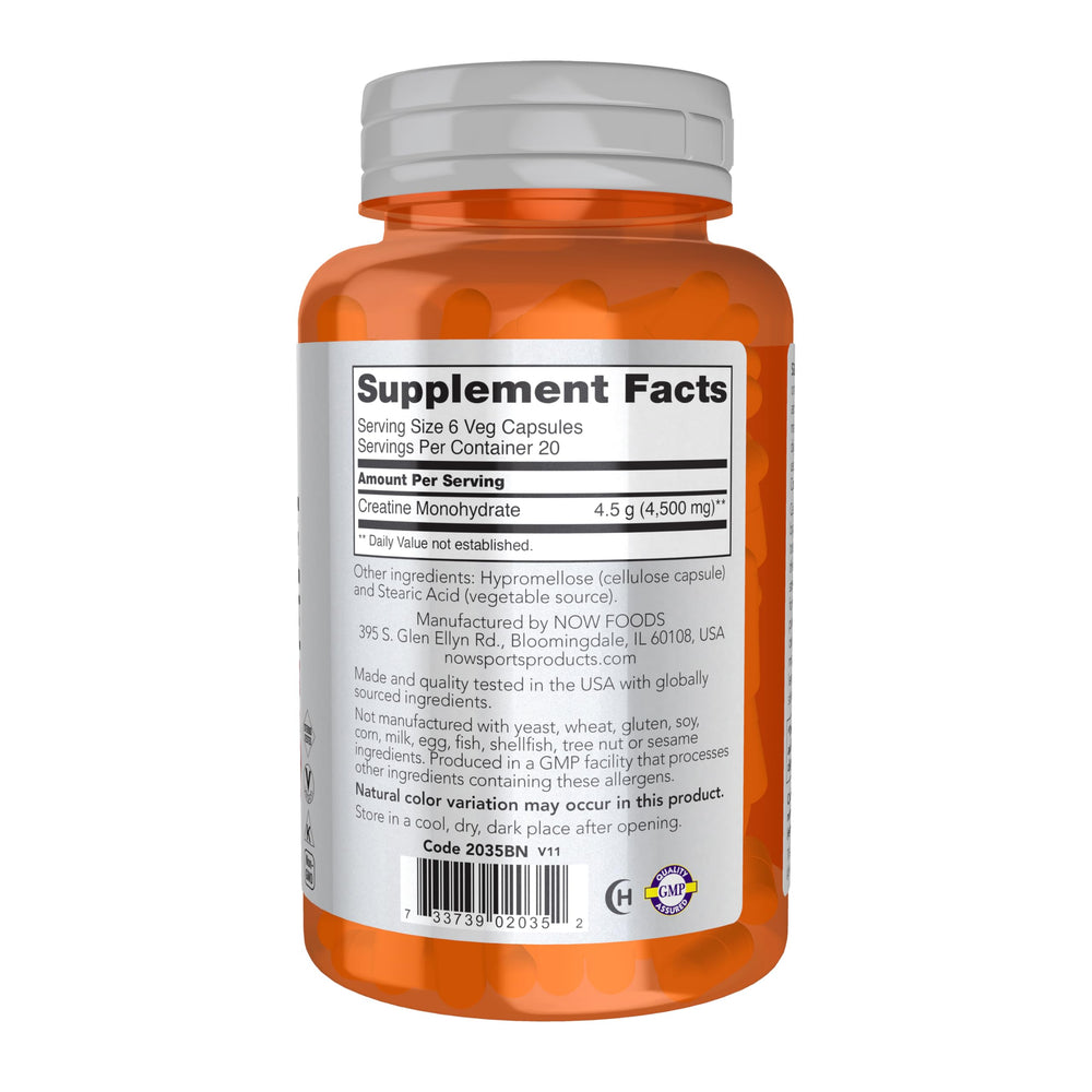 NOW Foods Creatine Monohydrate capsules bottle back detailing ingredients and GMP quality assurance