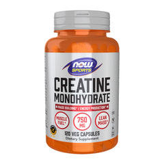 NOW Foods Creatine Monohydrate capsules bottle front showcasing additive-free lean mass support potential