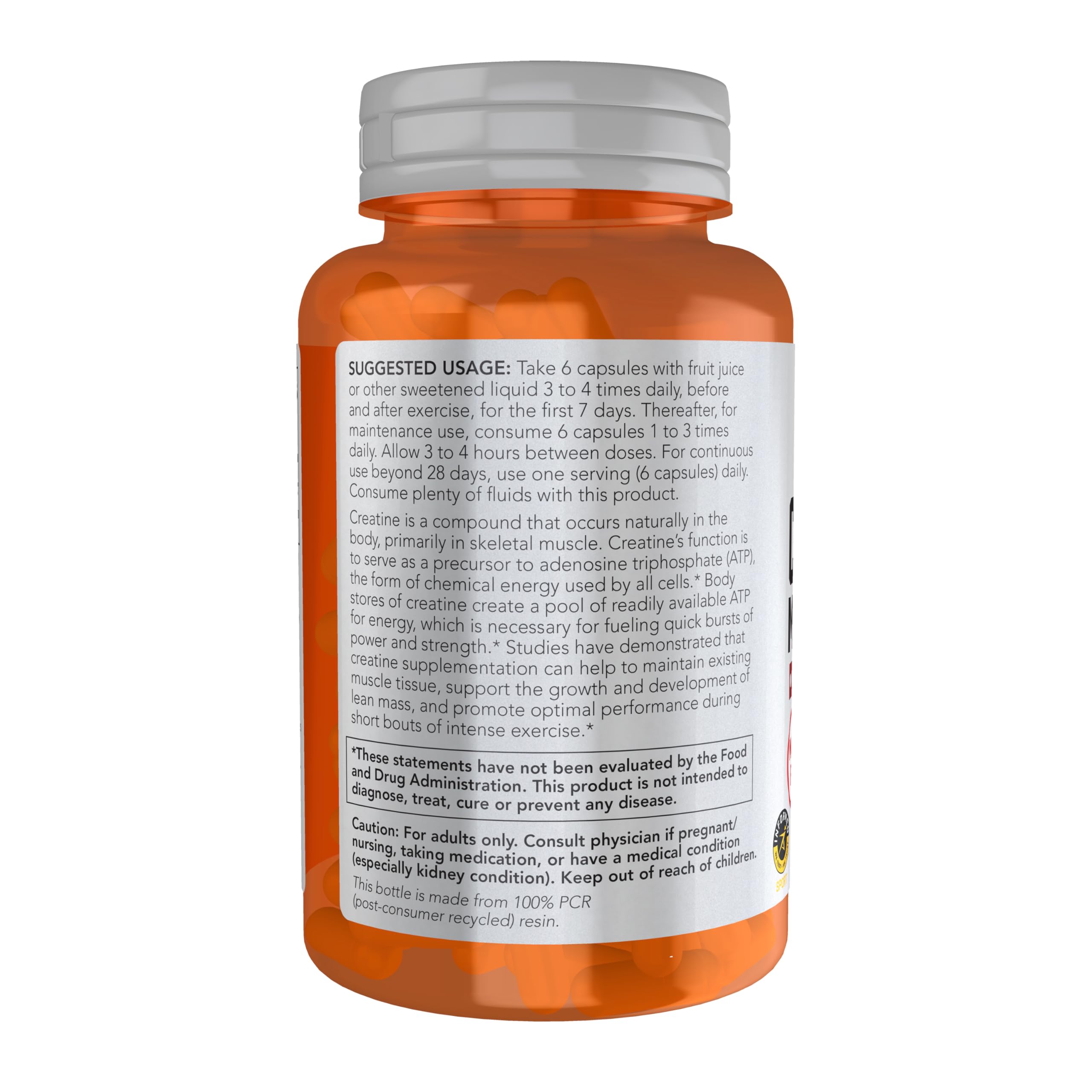 NOW Foods Creatine Monohydrate capsules closeup emphasizing 750 mg per capsule for energy production