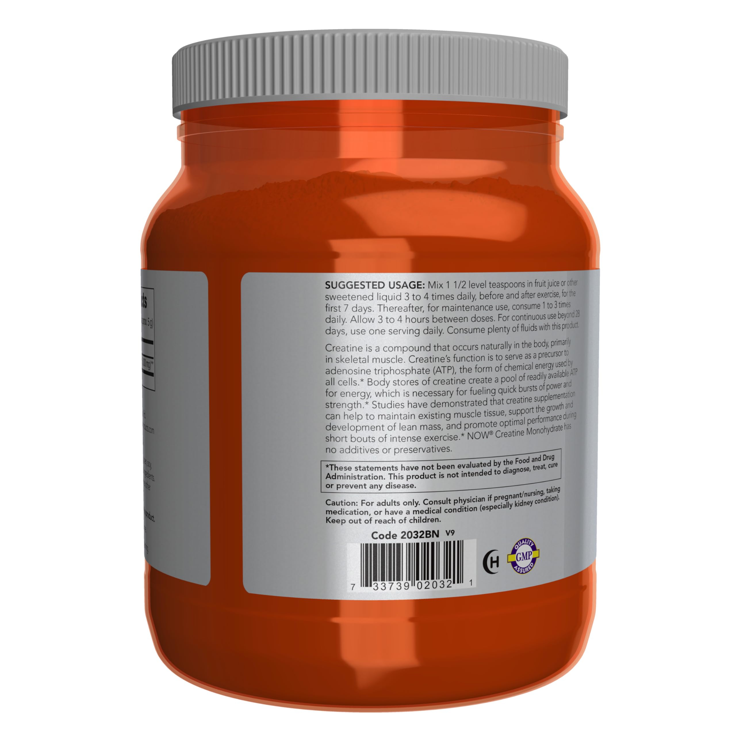 NOW Foods Creatine Monohydrate powder label highlighting additive-free formula