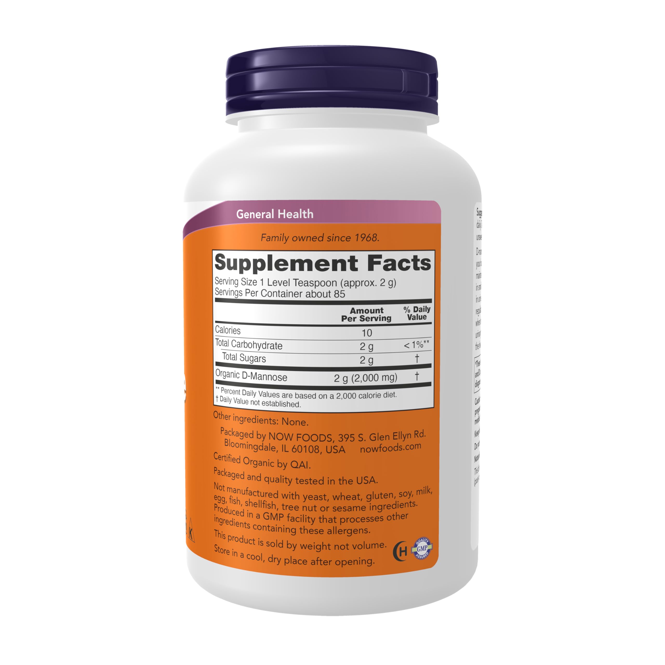 NOW Foods D-Mannose powder bottle side view for easy dosing