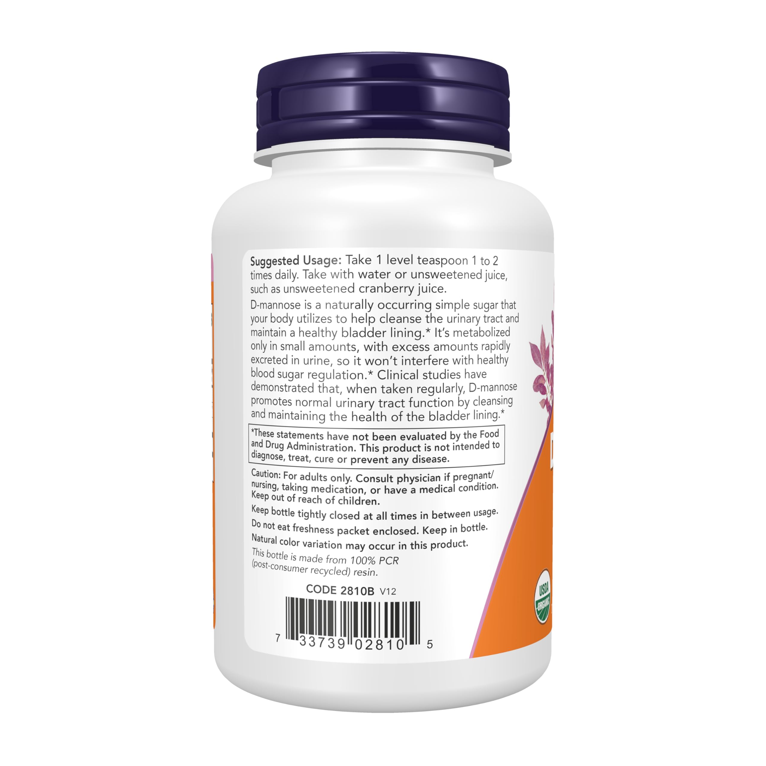 NOW Foods D-Mannose powder measuring scoop ready for daily urinary tract support.