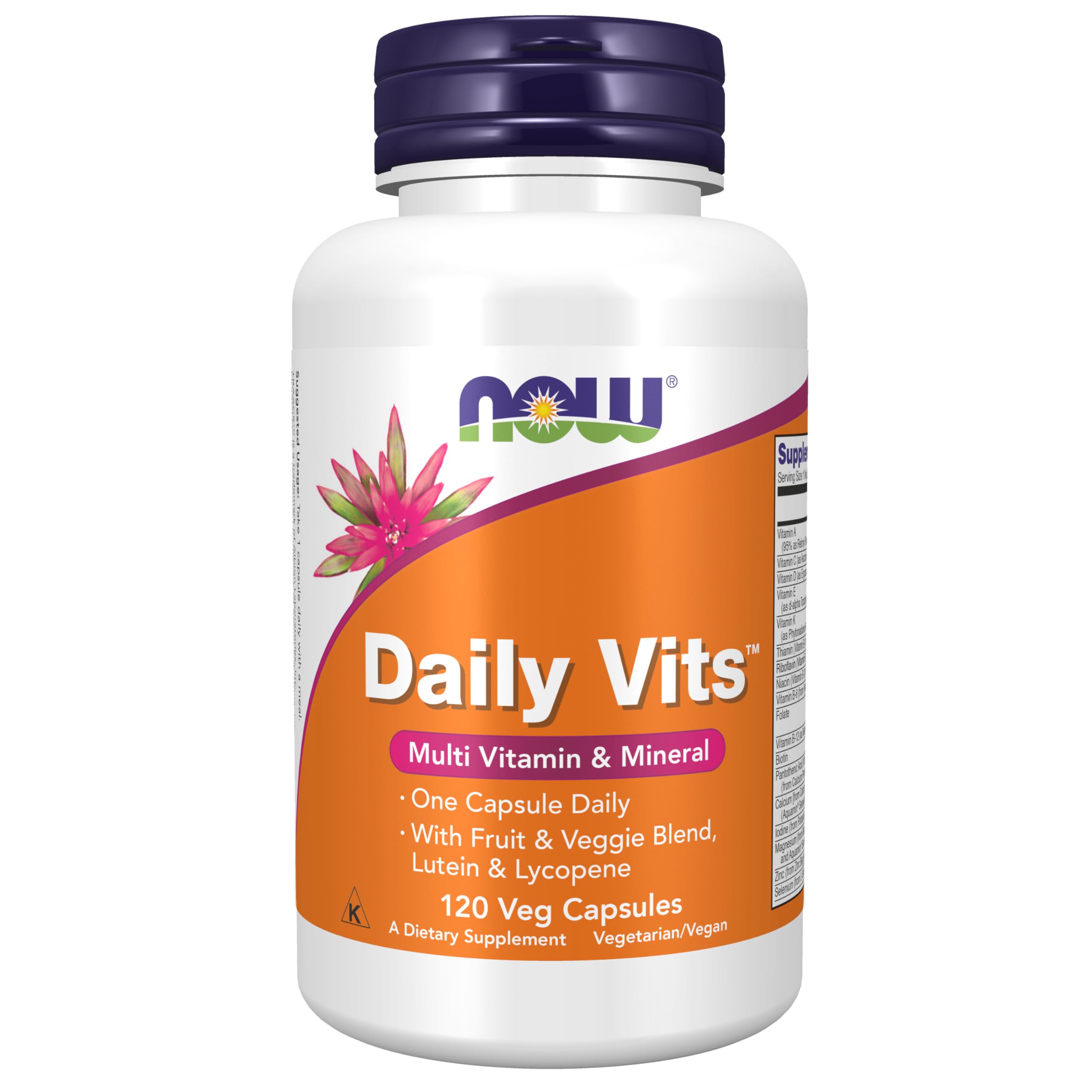 NOW Foods Daily Vits bottle showcasing fruit and veggie blend for daily nutrition.
