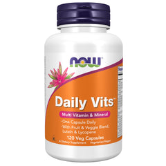 NOW Foods Daily Vits bottle showcasing fruit and veggie blend for daily nutrition.