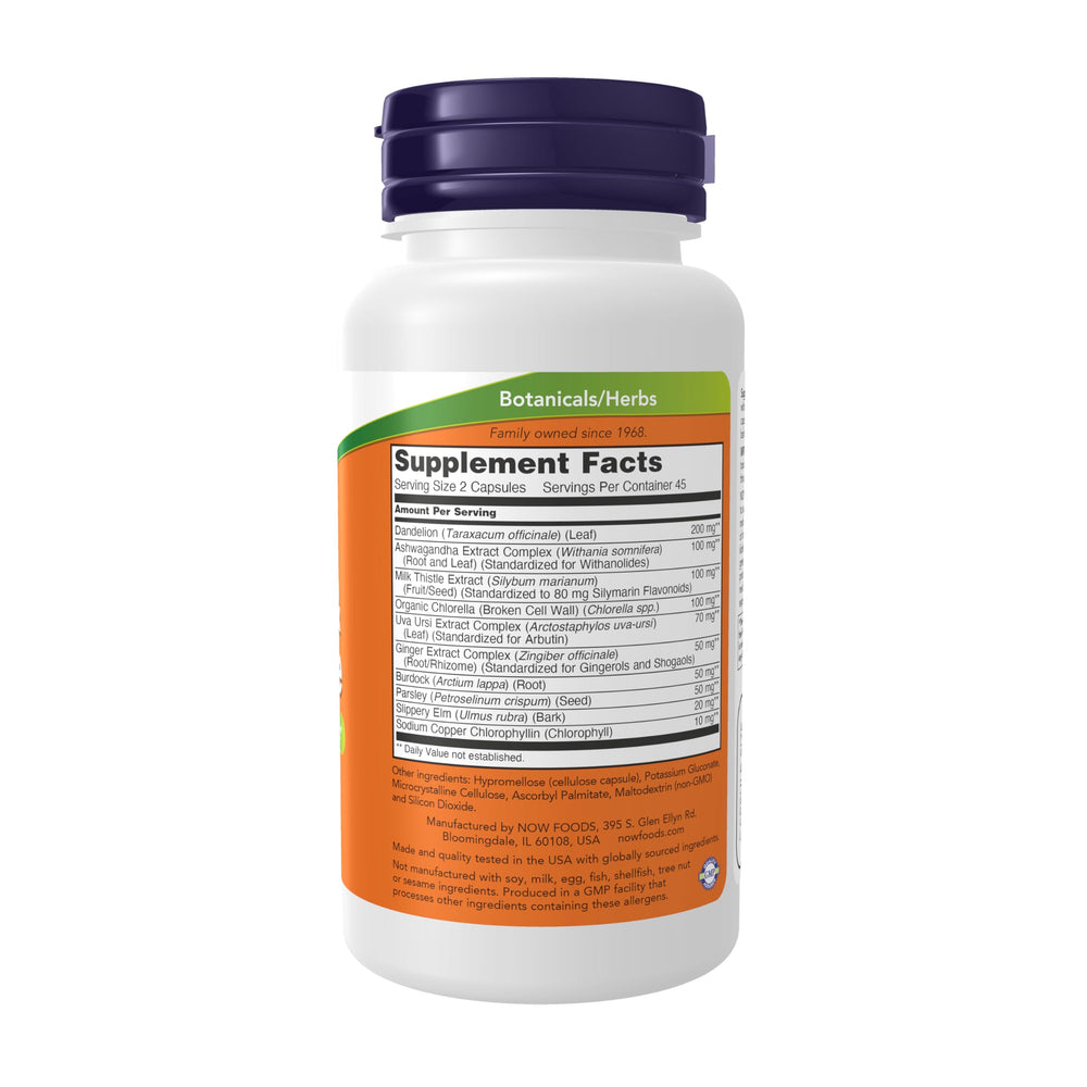 NOW Foods Detox Cleanse bottle label displays herbal greens blend for detox support