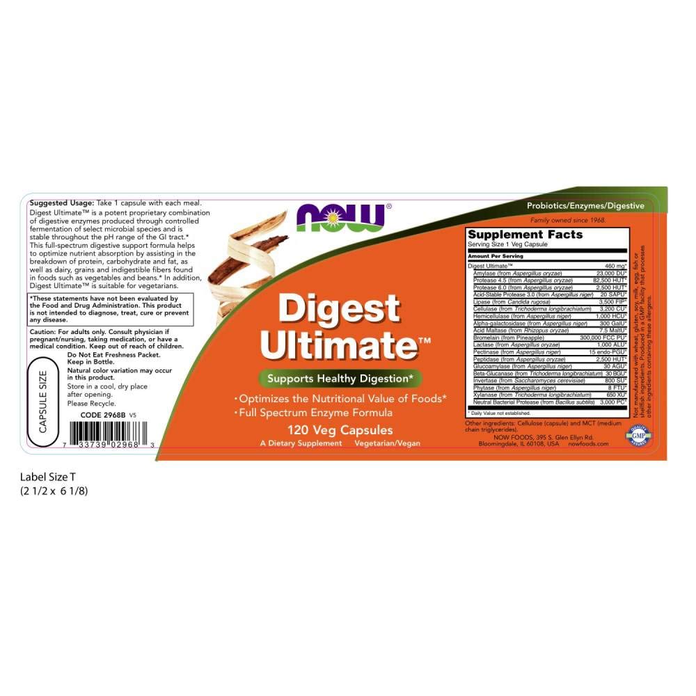 NOW Foods Digest Ultimate capsules close-up showcasing vegan enzyme formula for meals.
