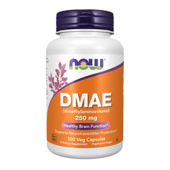 NOW Foods DMAE 250 mg bottle close-up, vegan capsules for easy daily use.
