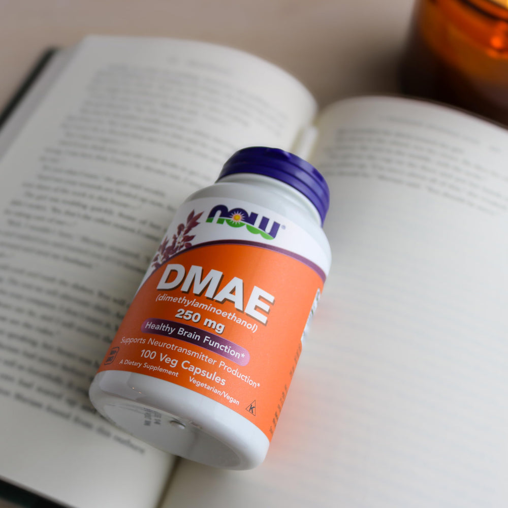 NOW Foods DMAE packaging with dairy-free note.