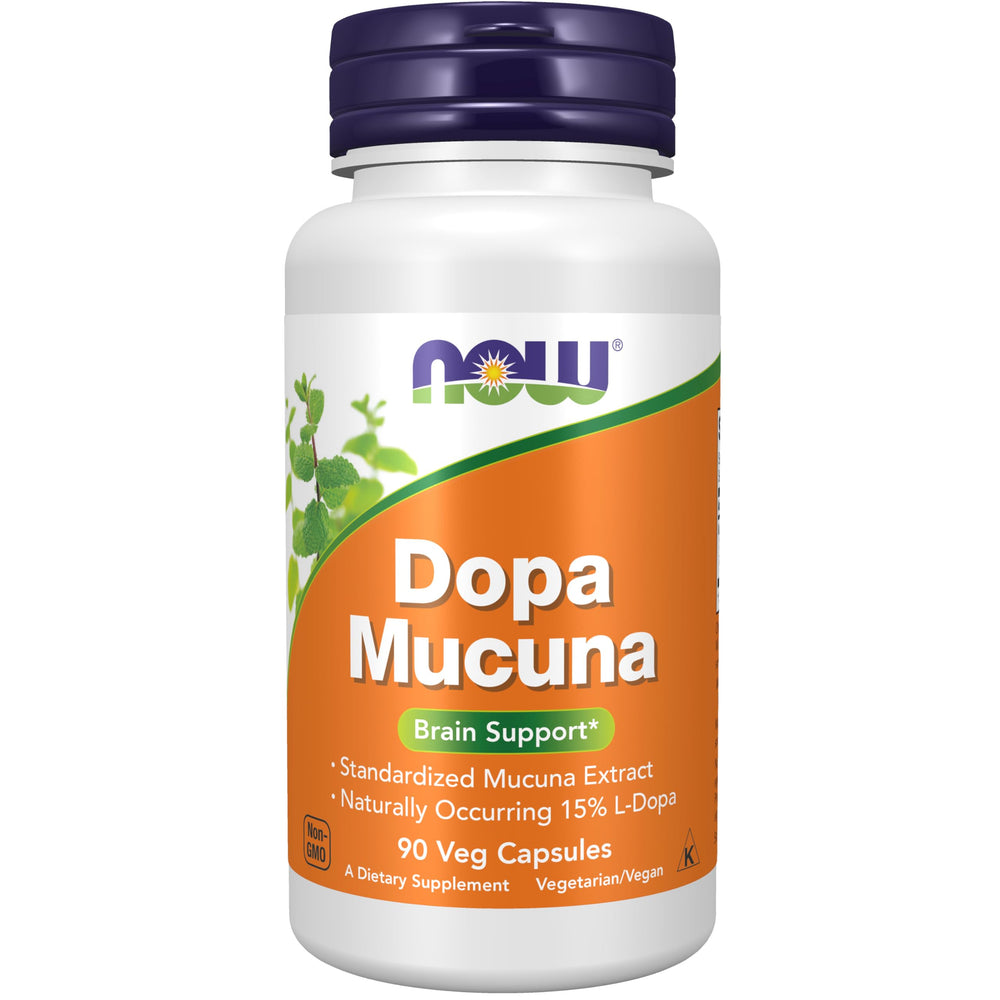NOW Foods DOPA Mucuna bottle front showing standardized extract for daily focus