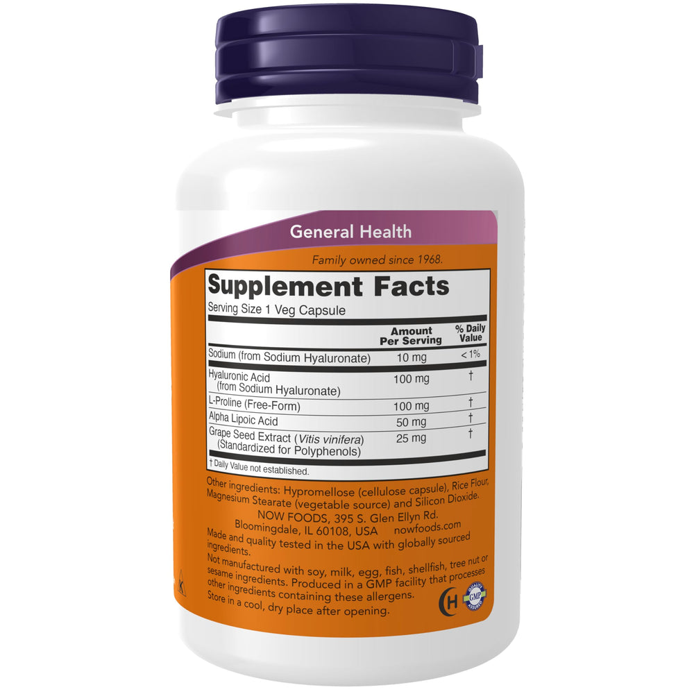 NOW Foods double-strength hyaluronic acid capsules close-up shows higher HA content for joints