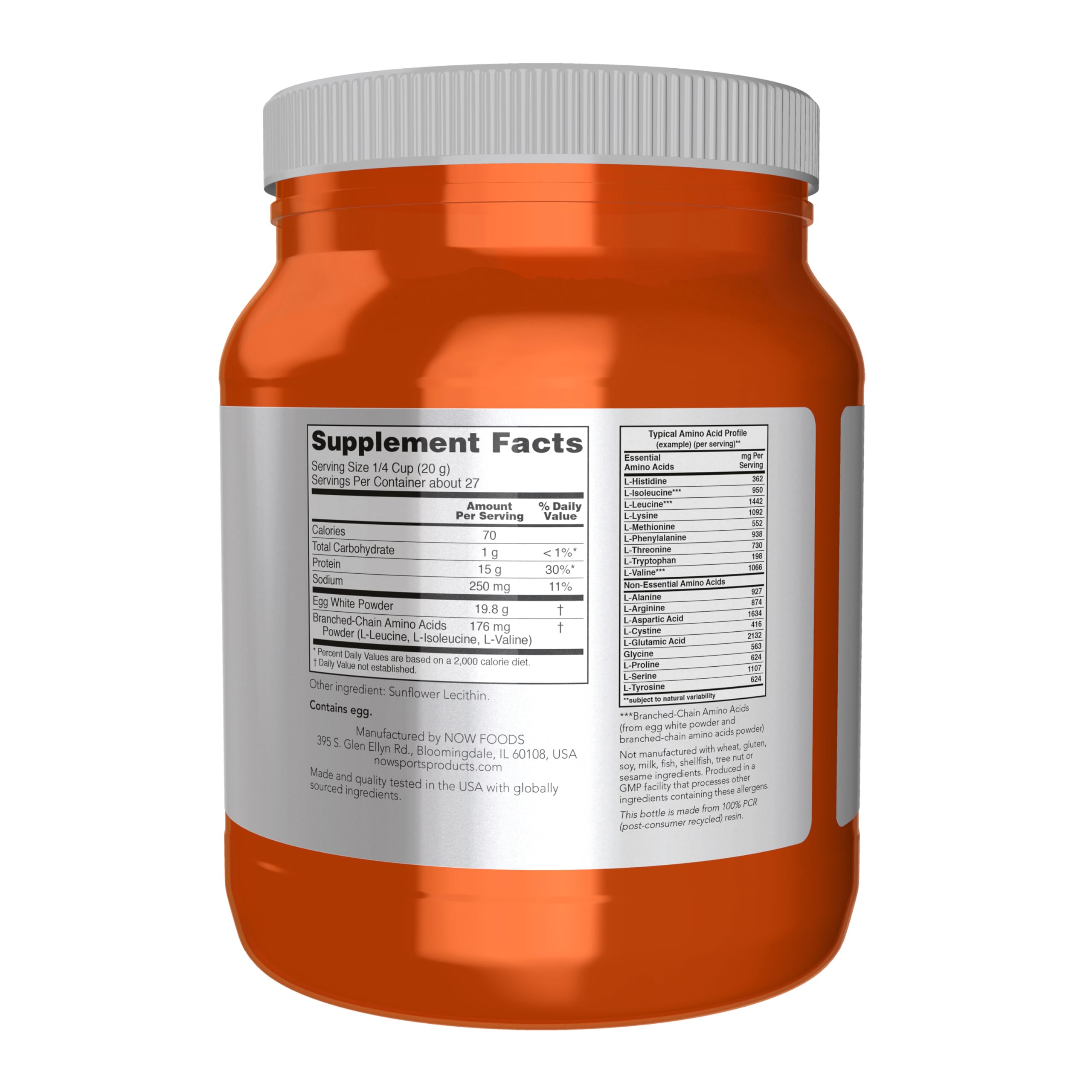 NOW Foods Egg White Protein tub powder close-up highlights fine texture for easy mixing