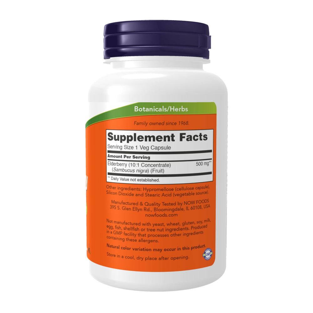 NOW Foods elderberry ten-to-one concentrate capsules for easy daily use.
