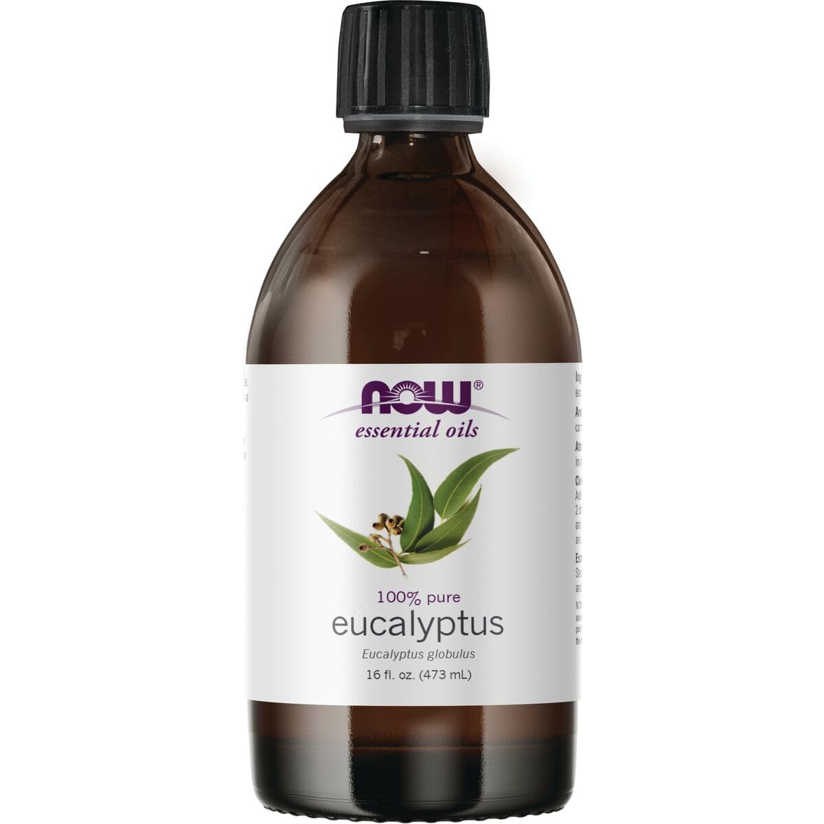 NOW Foods Eucalyptus Essential Oil bottle for refreshing room fragrance and diffusion.