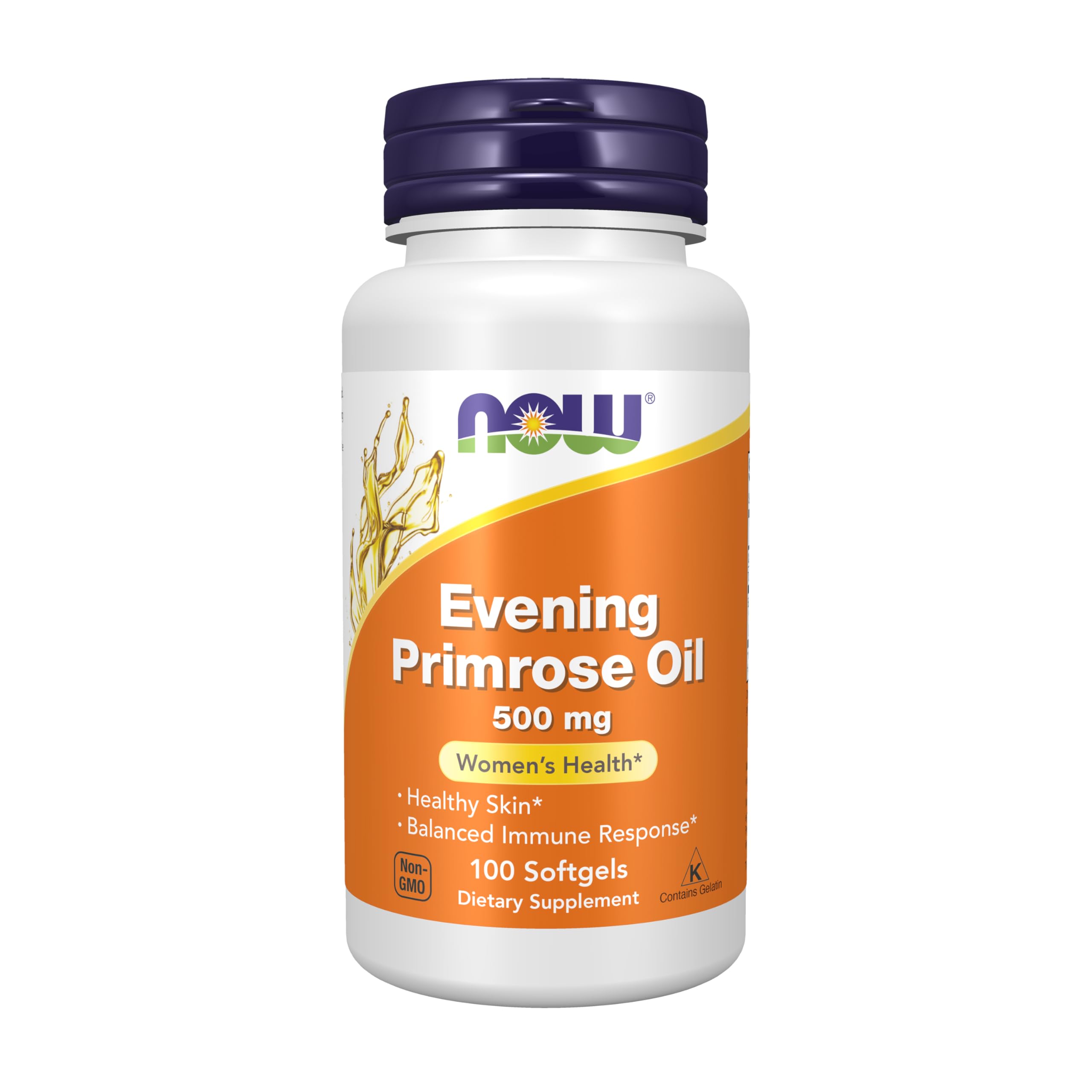 NOW Foods Evening Primrose Oil bottle label highlighting GLA and 500 mg per softgel.