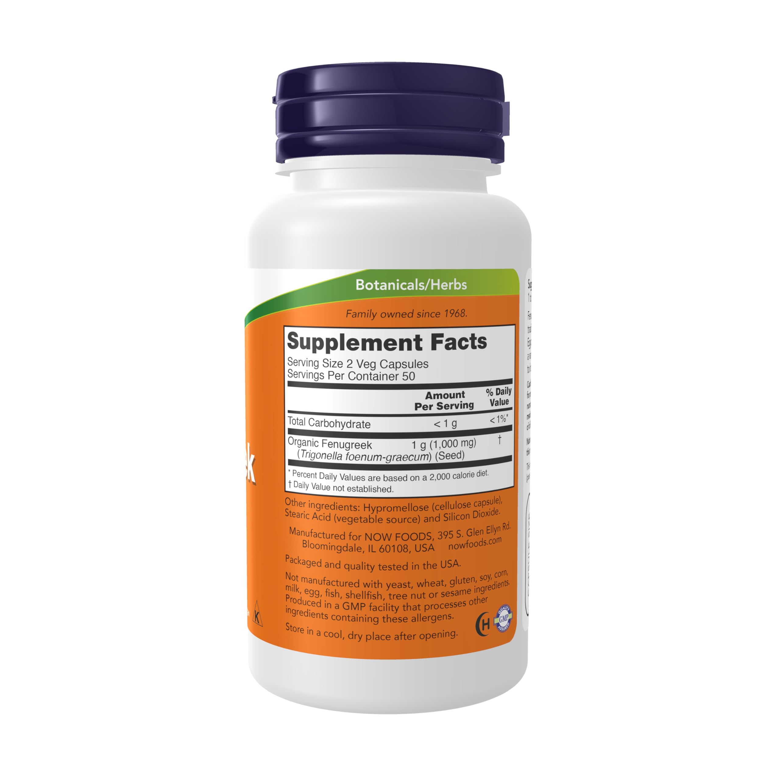 NOW Foods Fenugreek 500 mg capsules label emphasizes purity and GMP-certified quality.