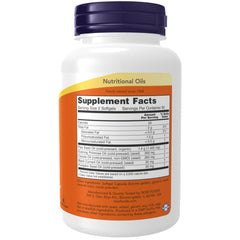 NOW Foods flax seed oil capsule close-up showing balanced fatty acids
