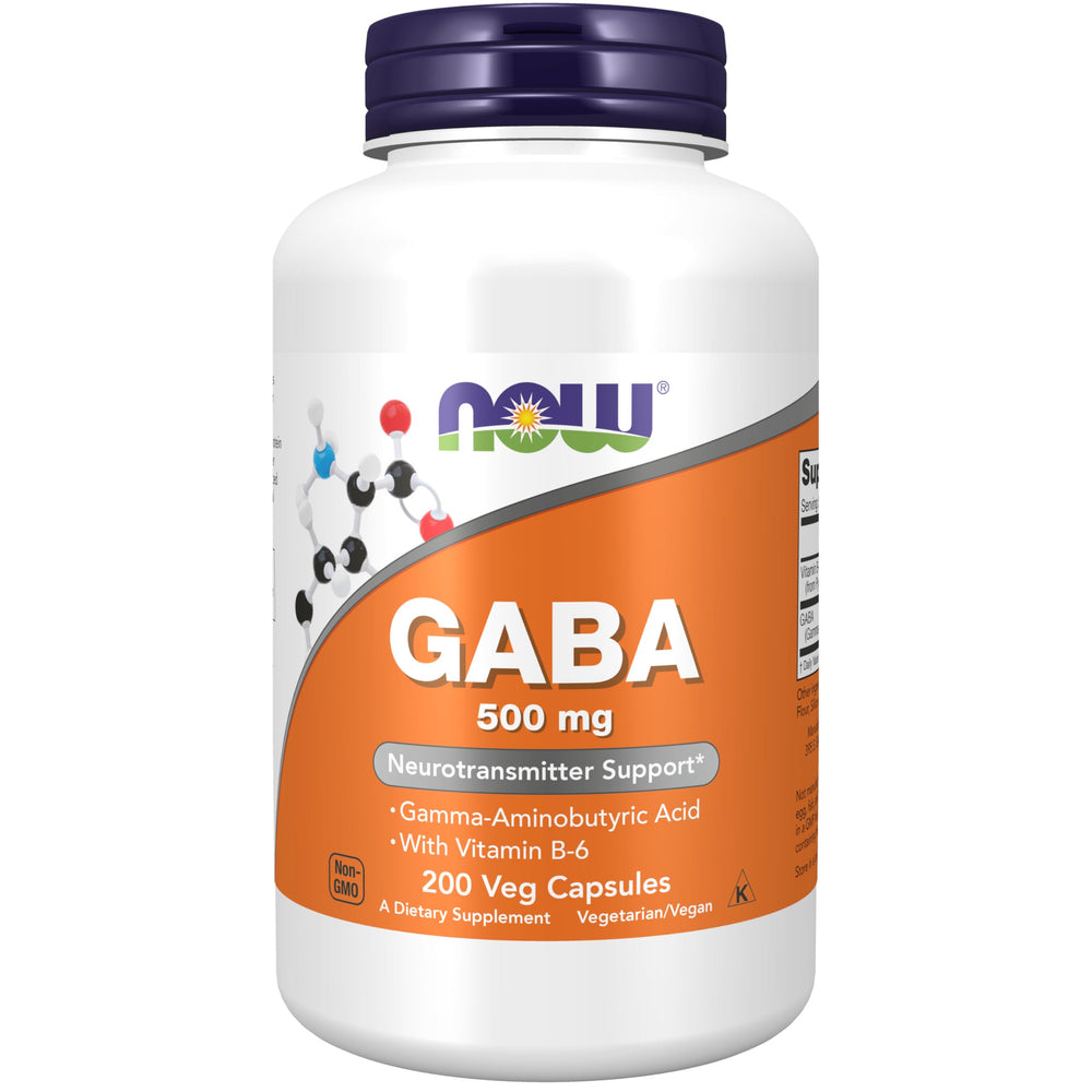 NOW Foods GABA 500 mg bottle with capsules for relaxed focus support.
