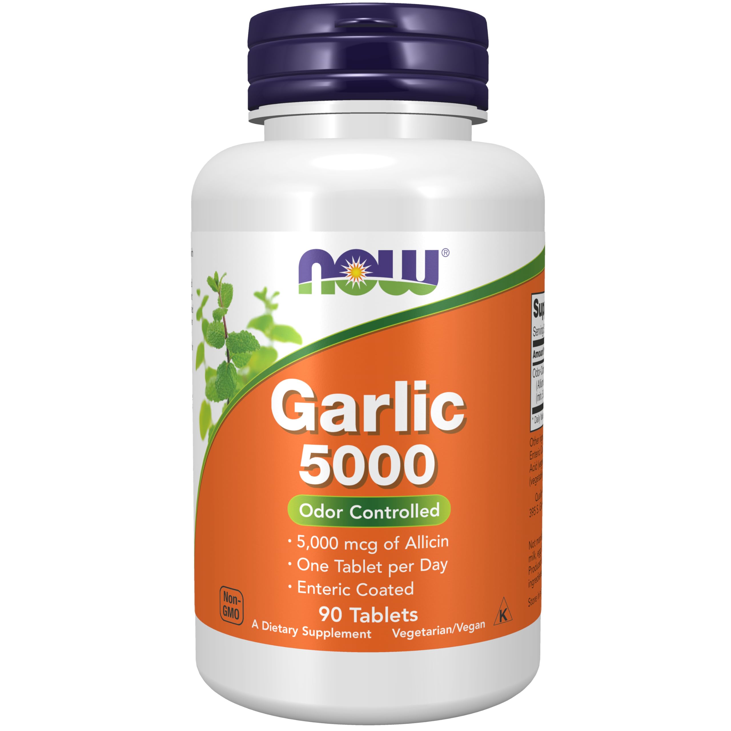 NOW Foods Garlic 5000 enteric-coated tablet bottle promotes odor control and convenient daily use.