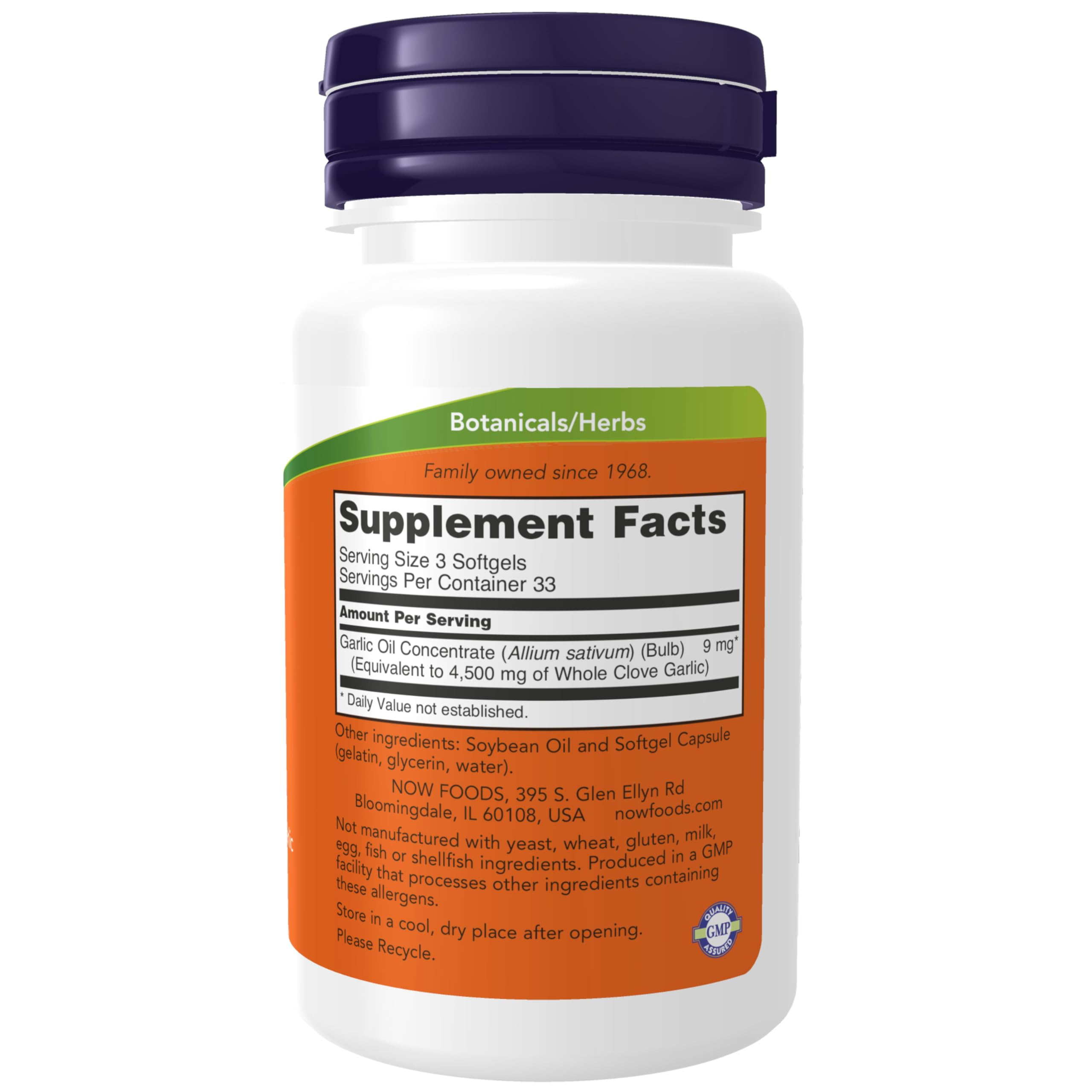 NOW Foods Garlic Oil softgels close up, easy daily intake.