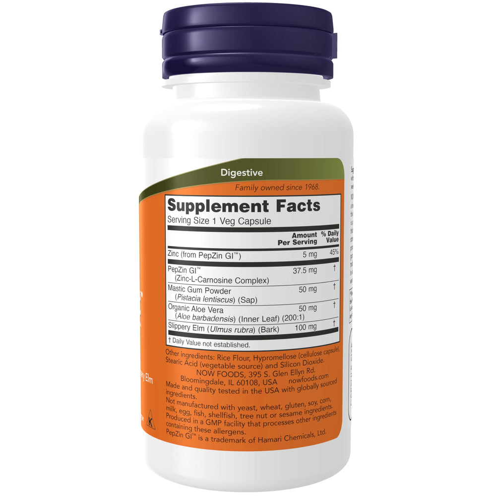 NOW Foods Gastro Comfort label close-up showing PepZin GI blend