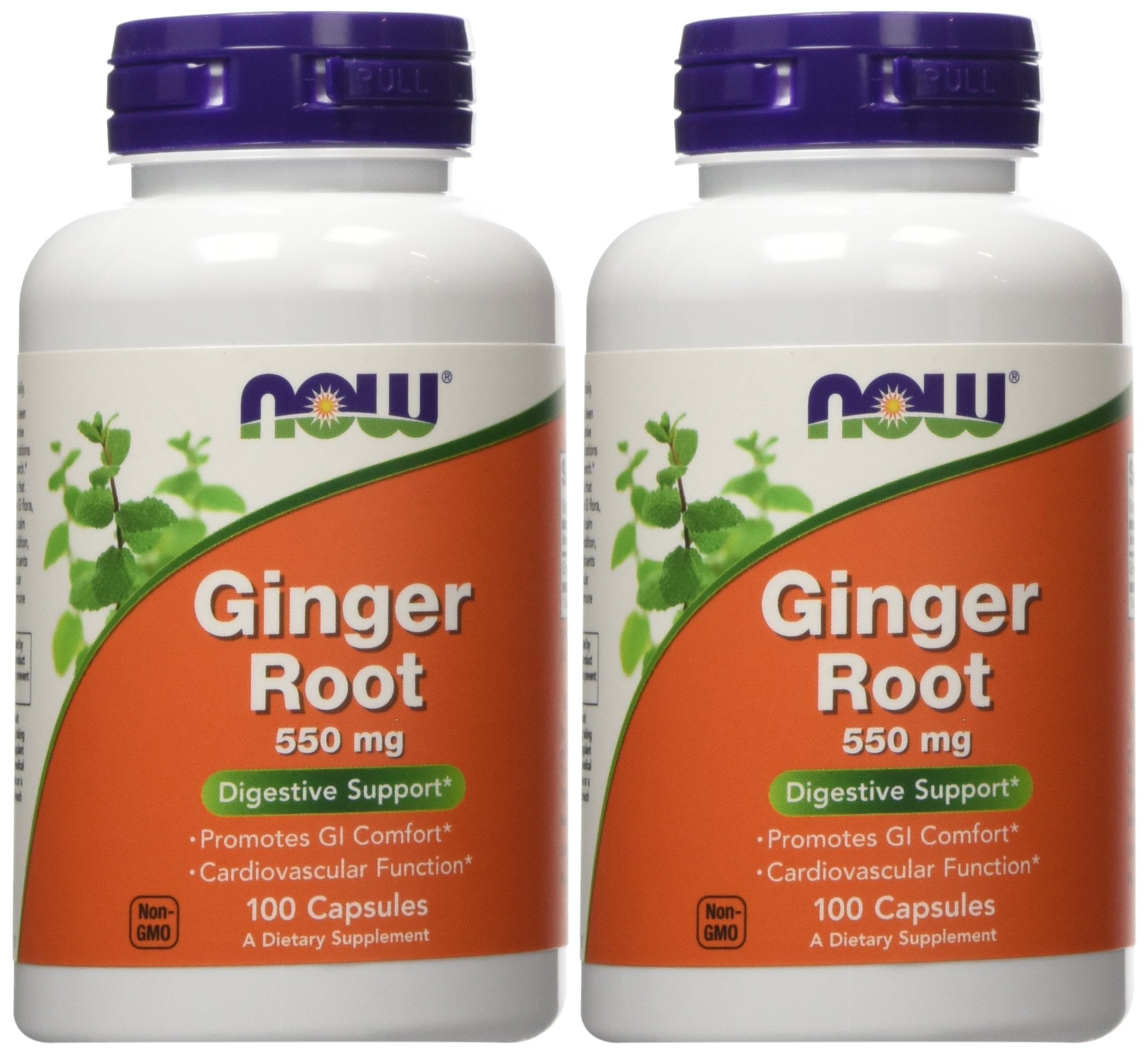 NOW Foods Ginger Root 550mg capsules, front view, supports digestive comfort.