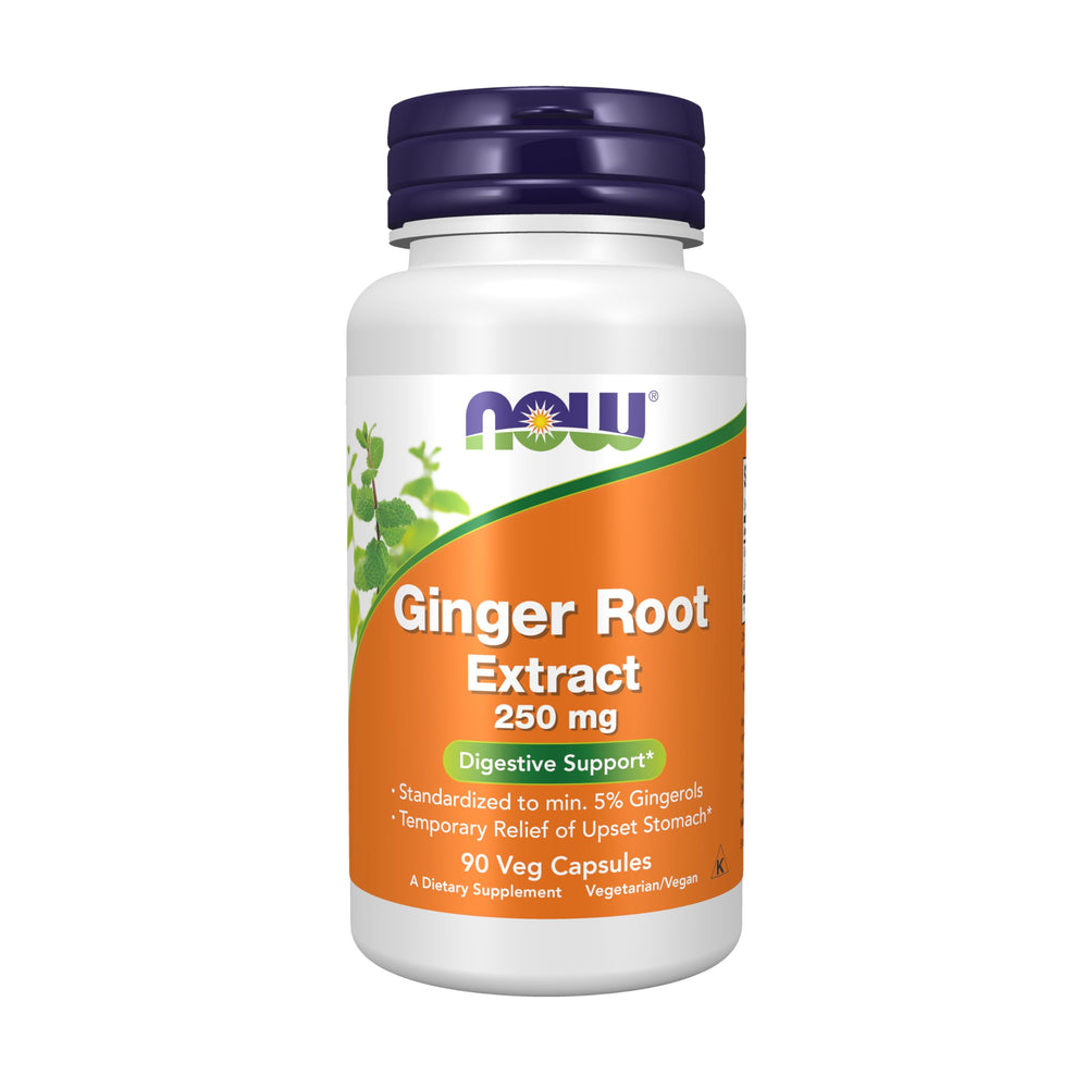 NOW Foods ginger root extract bottle with 250 mg capsules for daily digestive support.