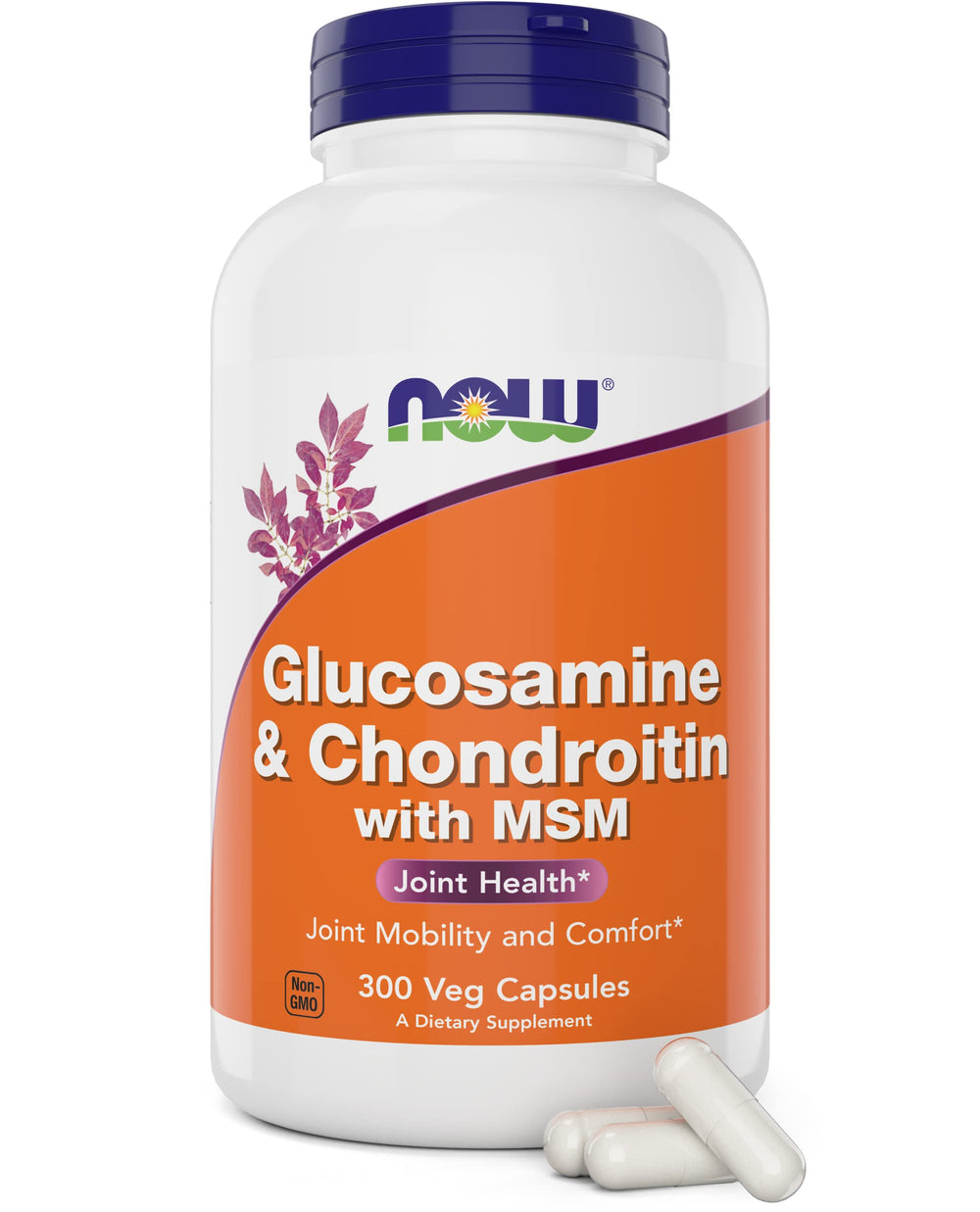 NOW Foods Glucosamine & Chondroitin with MSM bottle label promoting joint support.