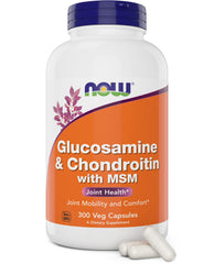 NOW Foods Glucosamine & Chondroitin with MSM bottle label promoting joint support.