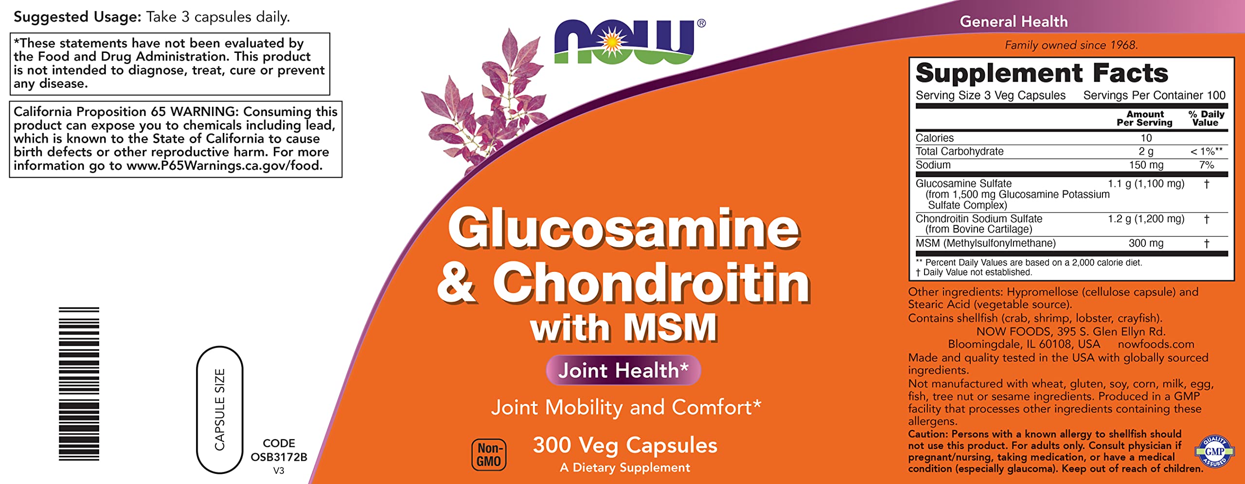 NOW Foods Glucosamine-Chondroitin-MSM label highlights potent trio ingredients.