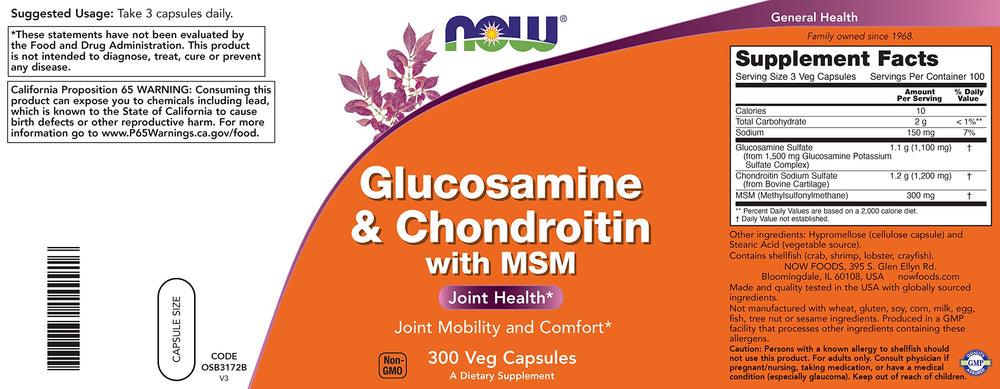NOW Foods Glucosamine-Chondroitin-MSM label highlights potent trio ingredients.