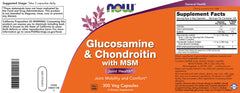 NOW Foods Glucosamine-Chondroitin-MSM label highlights potent trio ingredients.