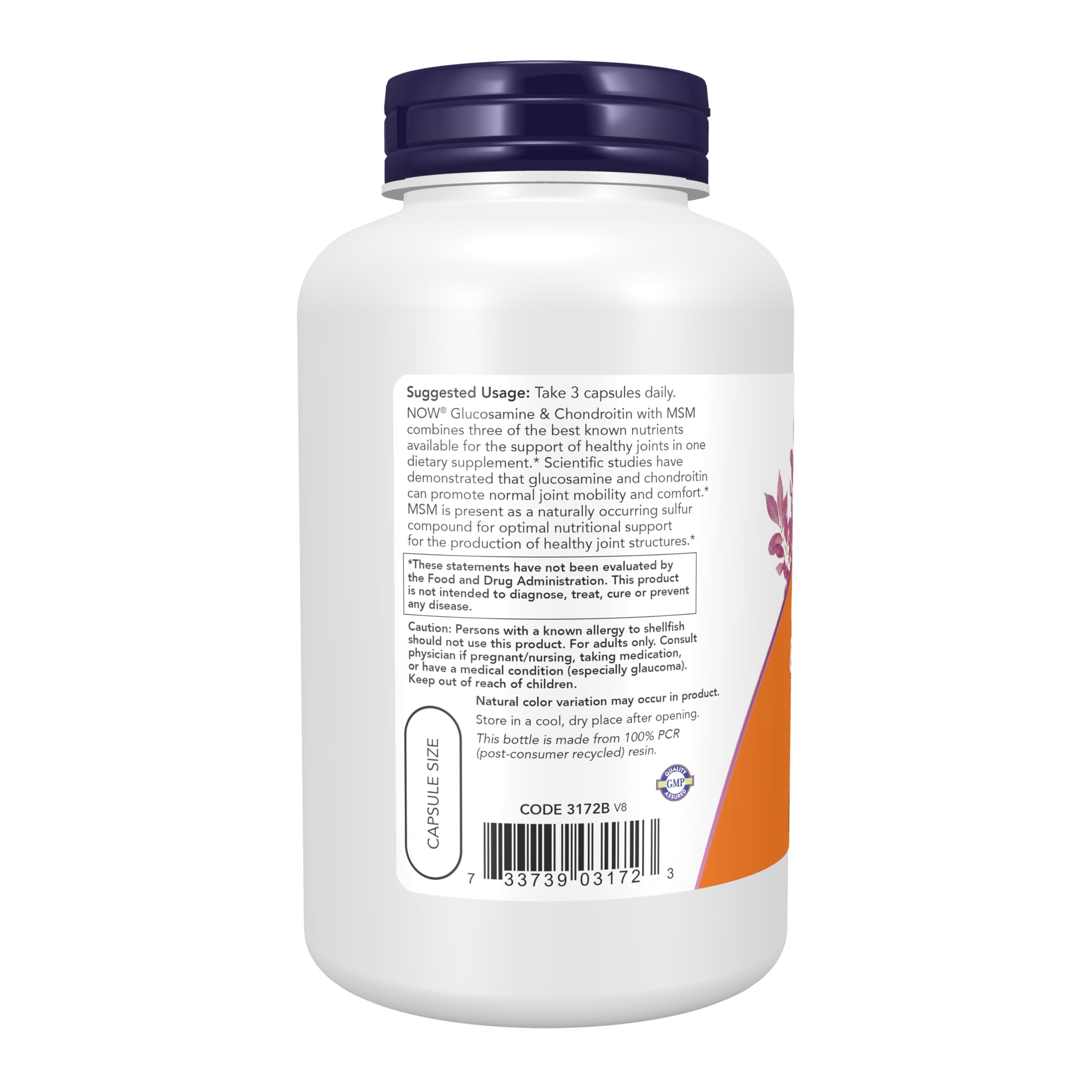 NOW Foods glucosamine-chondroitin-msm bottle back label with serving details for transparency.
