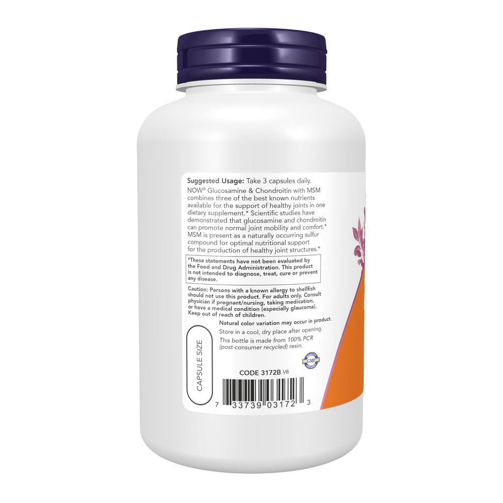 NOW Foods glucosamine-chondroitin-msm bottle back label with serving details for transparency.
