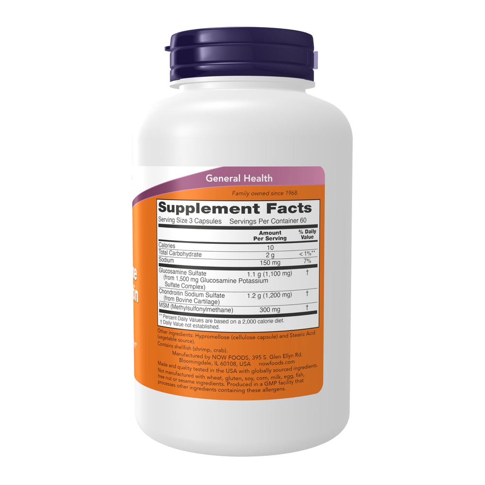 NOW Foods glucosamine-chondroitin-msm capsules close-up highlighting convenient daily use.