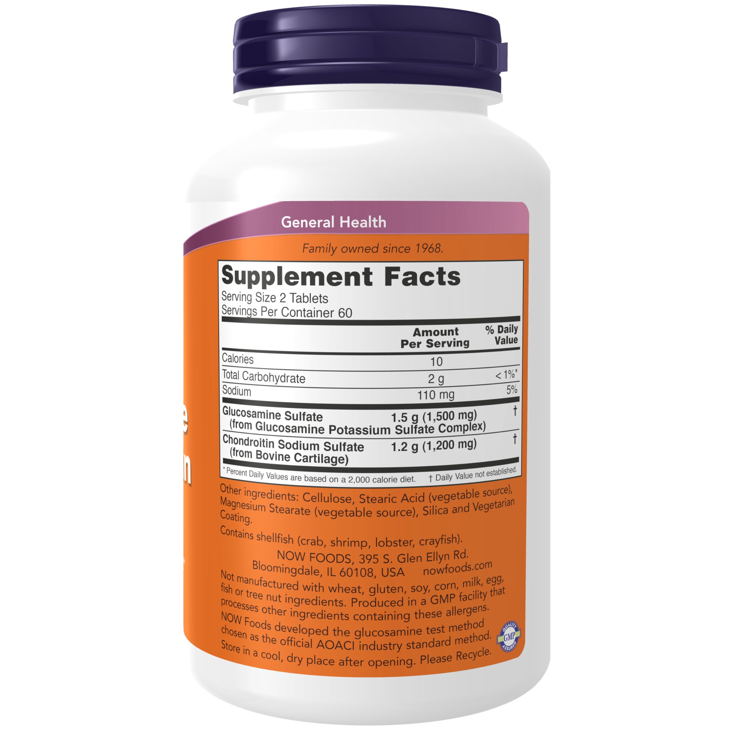 NOW Foods glucosamine chondroitin tablets close-up shows sulfate formulation