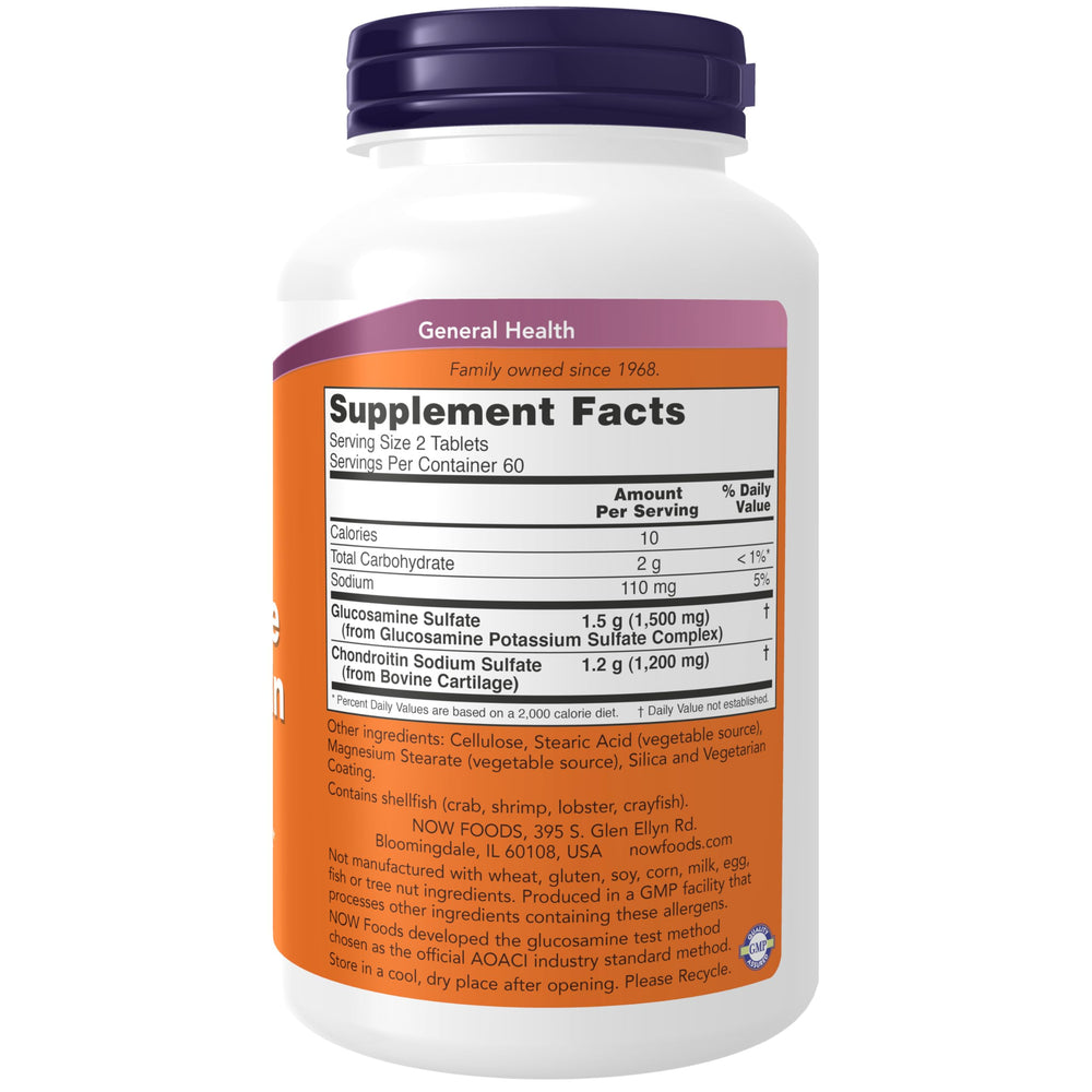NOW Foods glucosamine chondroitin tablets close-up shows sulfate formulation