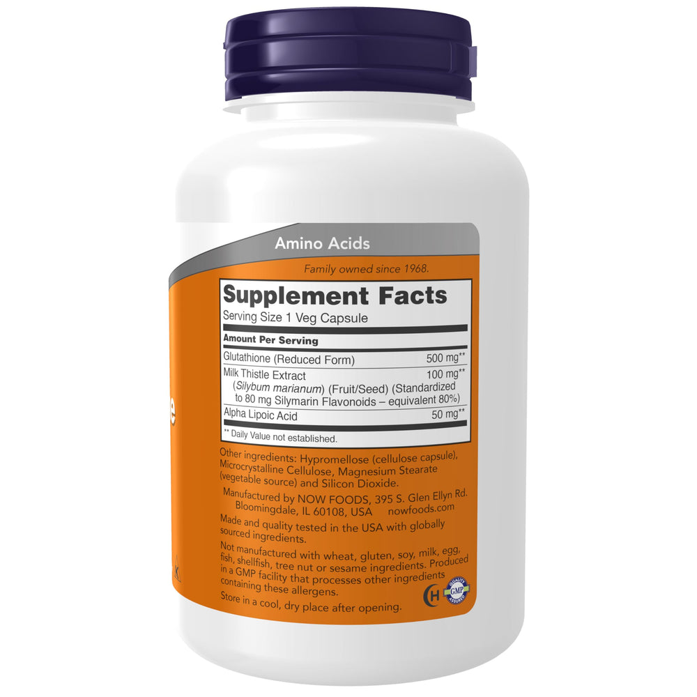 NOW Foods Glutathione 500 mg bottle label shows milk thistle and alpha lipoic acid.