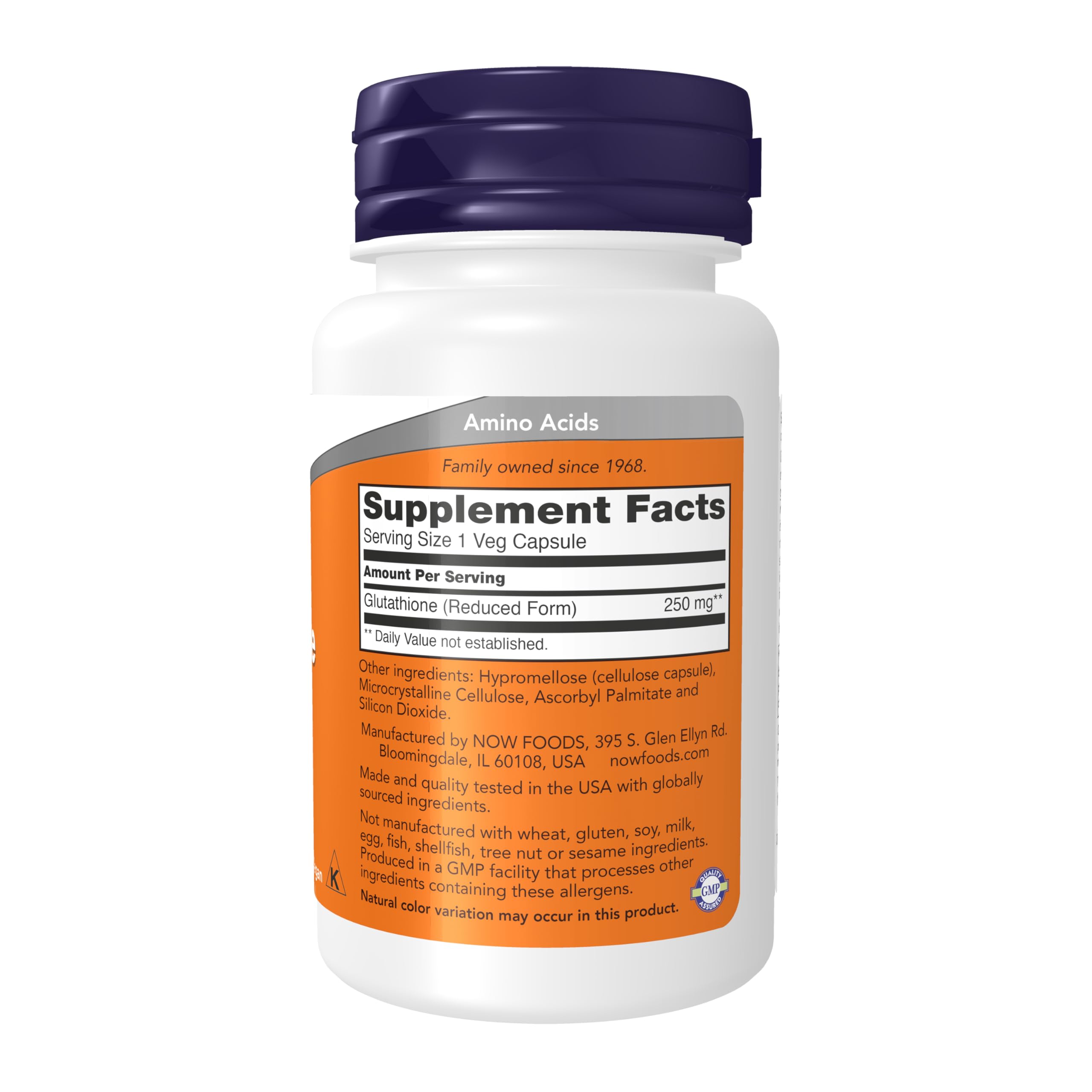 NOW Foods Glutathione capsules closeup showing reduced active form for bioavailability