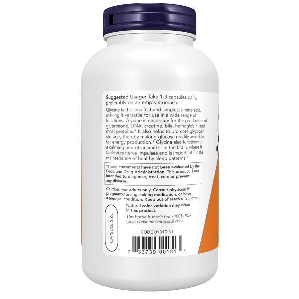 NOW Foods Glycine label nutrition facts panel highlights essential amino acid.