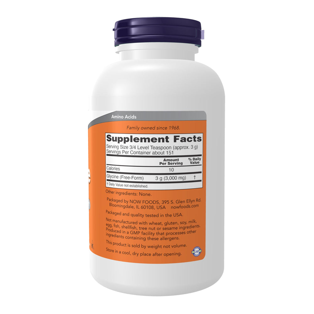NOW Foods glycine powder tub label with vegan and non-GMO status