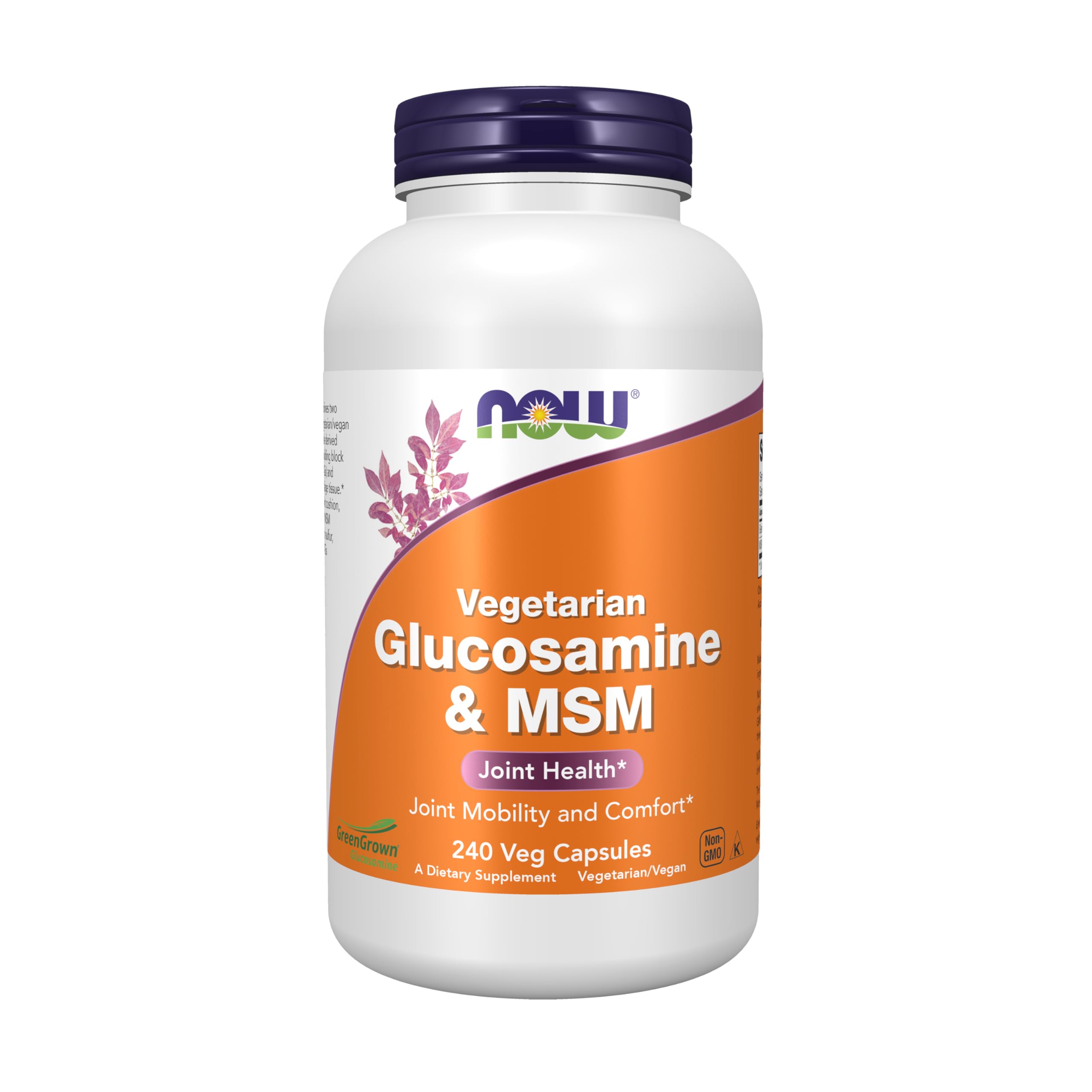 NOW Foods Glucosamine MSM GreenGrown bottle label emphasizes joint support potential for everyday mobility