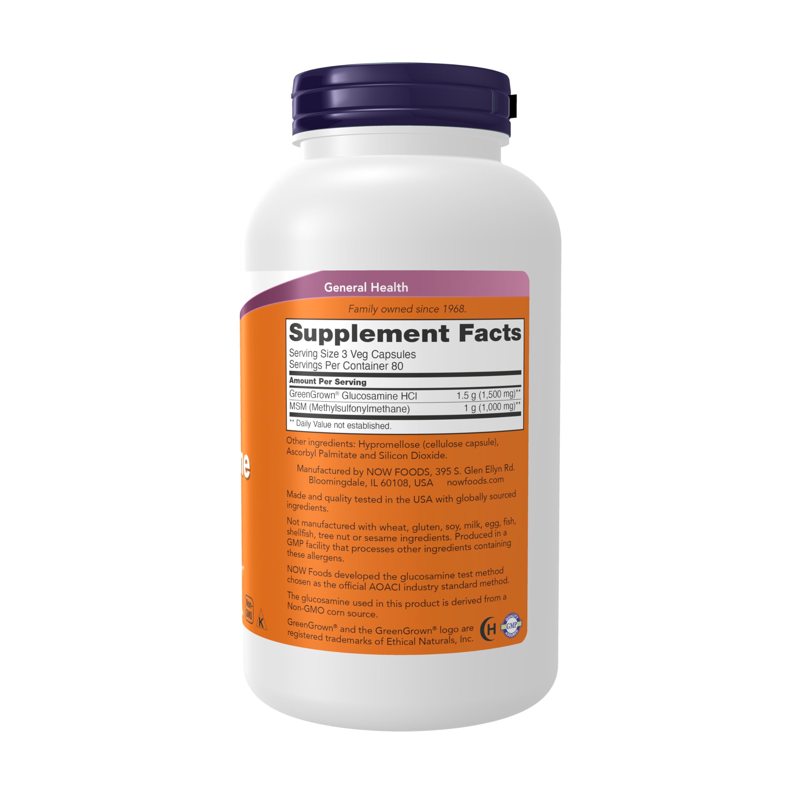 NOW Foods Glucosamine MSM vegan capsules closeup showcases plant-based capsules for joint comfort