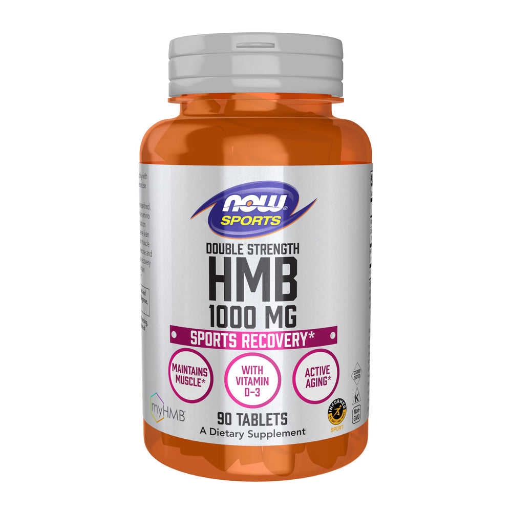 NOW Foods HMB 1000mg tablets bottle supports lean muscle maintenance during training.