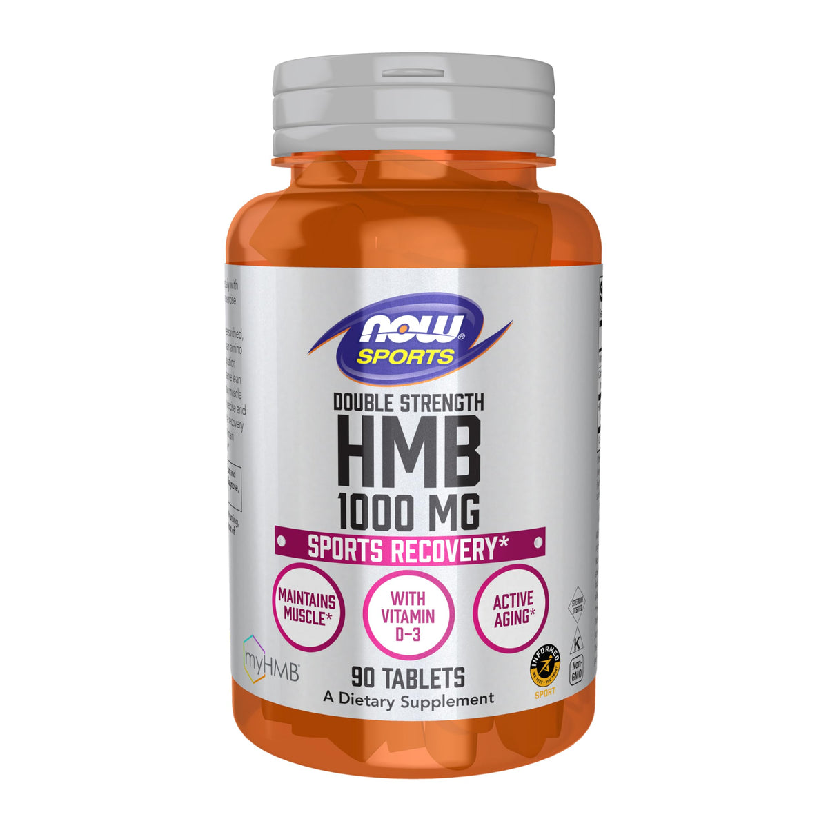 NOW Foods HMB 1000mg tablets bottle supports lean muscle maintenance during training.