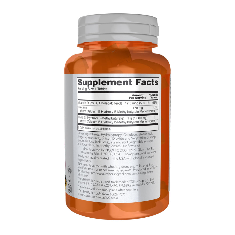 NOW Foods HMB 1000mg label close-up shows dosing for lean-mass support.