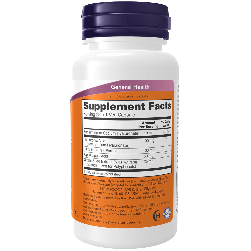 NOW Foods Hyaluronic Acid capsules close-up highlighting veggie capsule format for easy use
