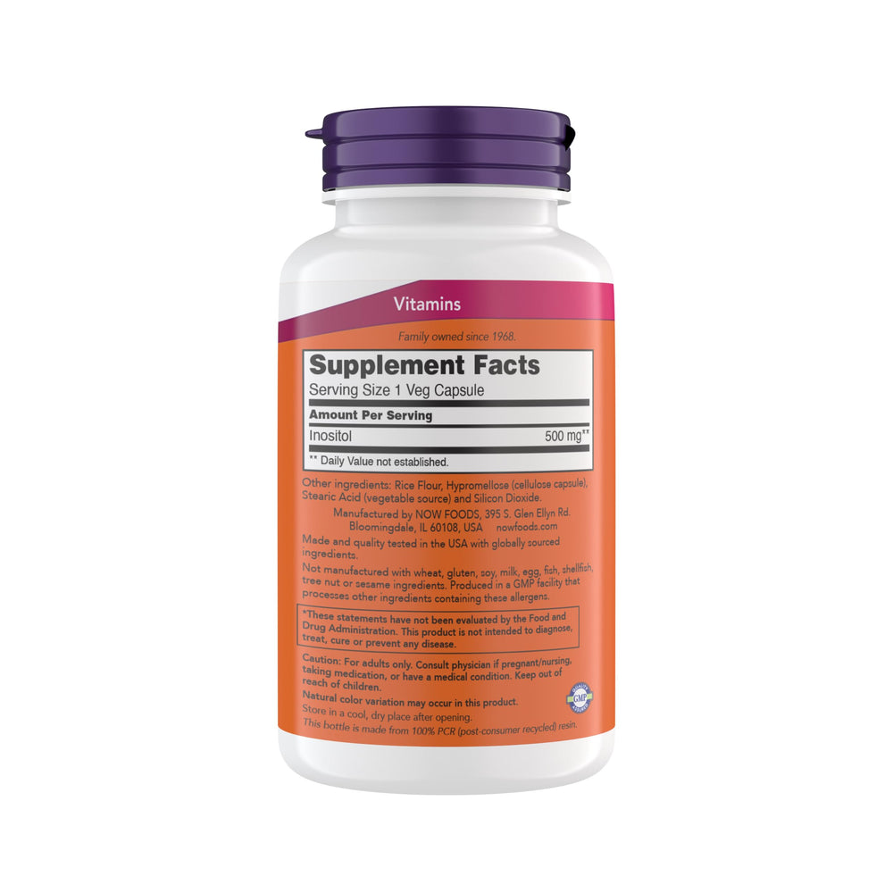 NOW Foods Inositol 500 mg bottle label close-up showing ingredients and GMP quality.