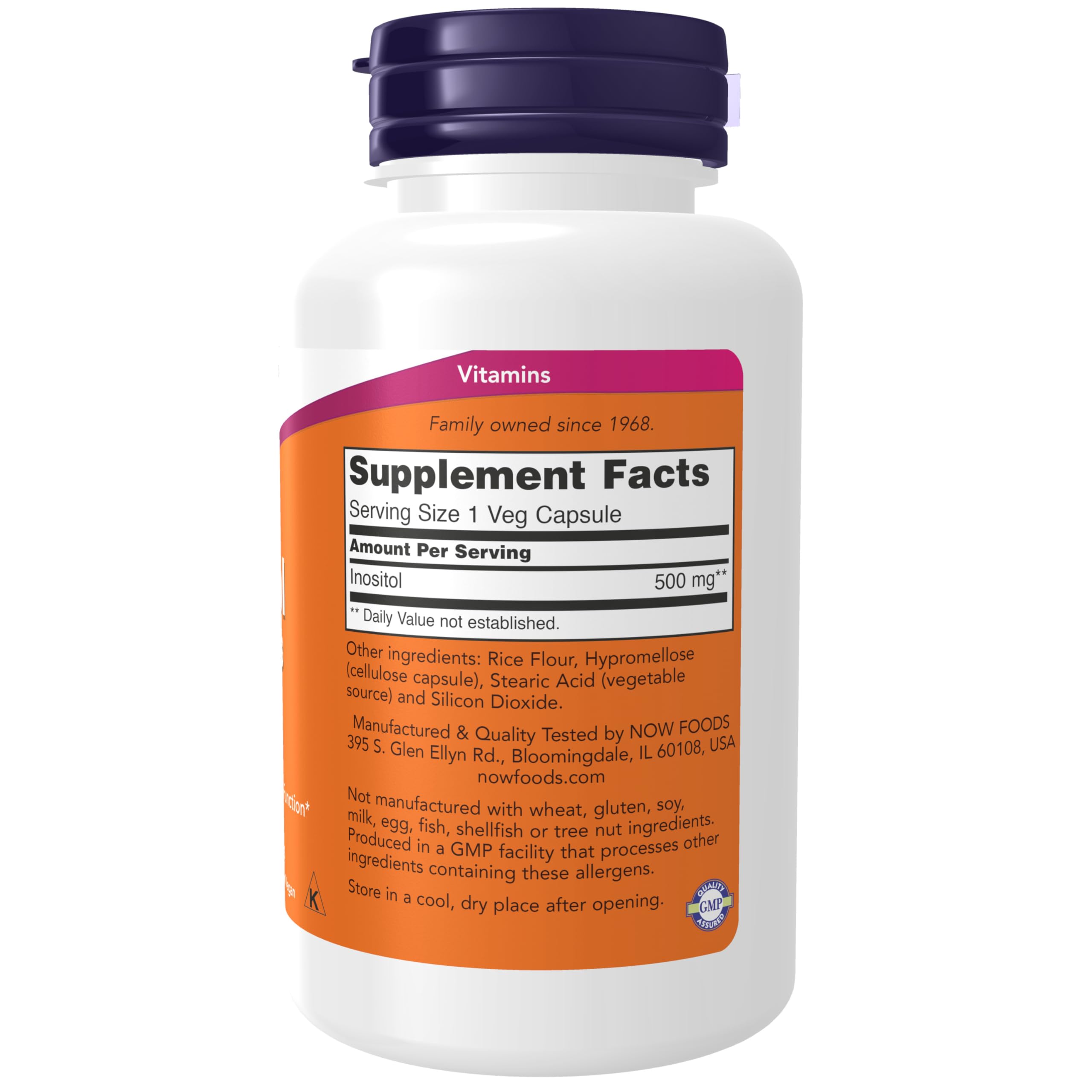 NOW Foods Inositol 500 mg capsules close-up, vegetarian capsules for daily use.