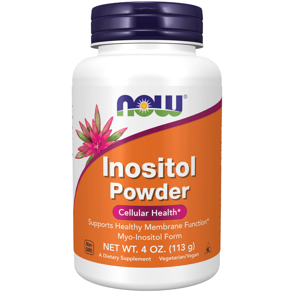 NOW Foods Inositol Powder canister highlighting myo-inositol for cellular signaling support.