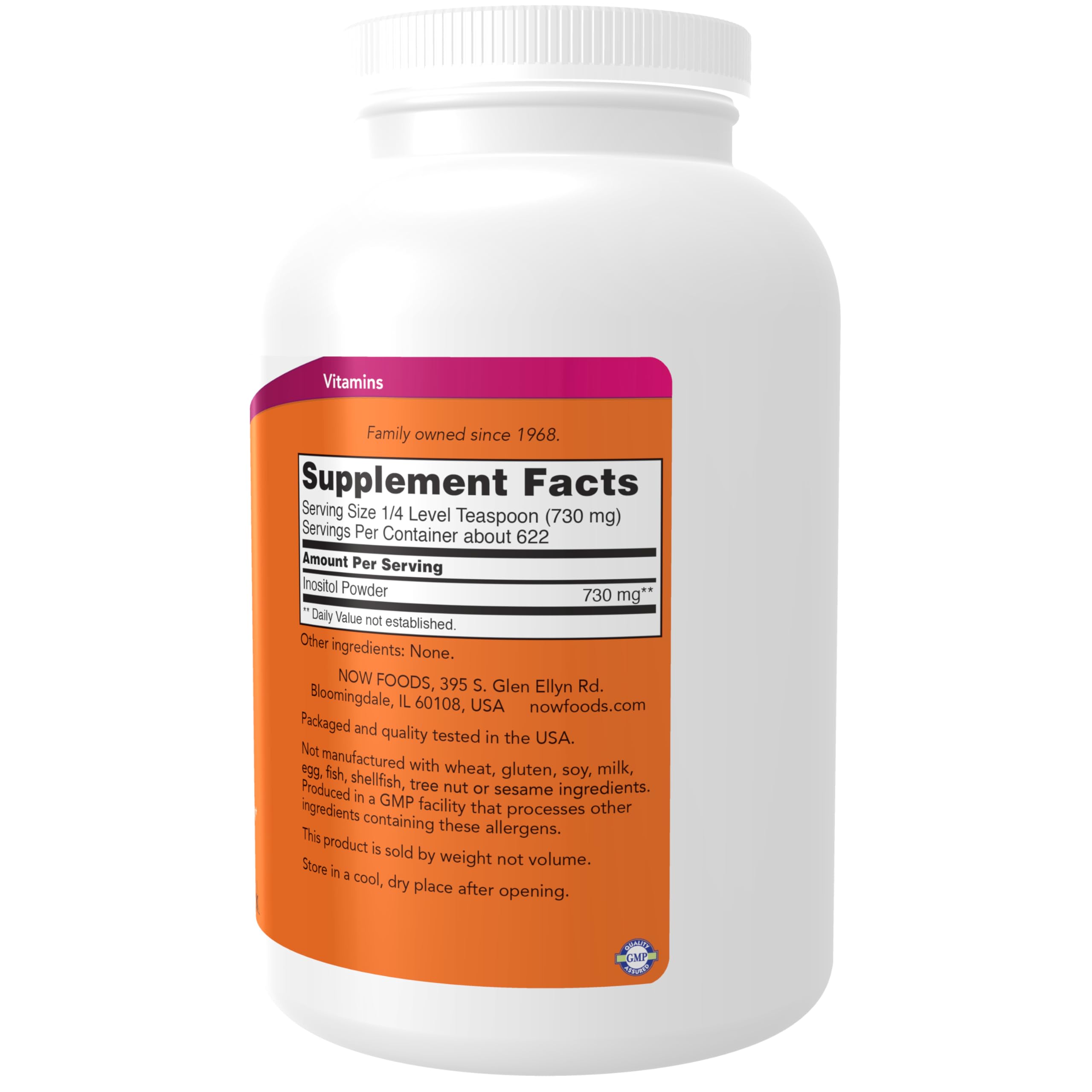 NOW Foods Inositol Powder label close-up emphasizing vegan and non-GMO